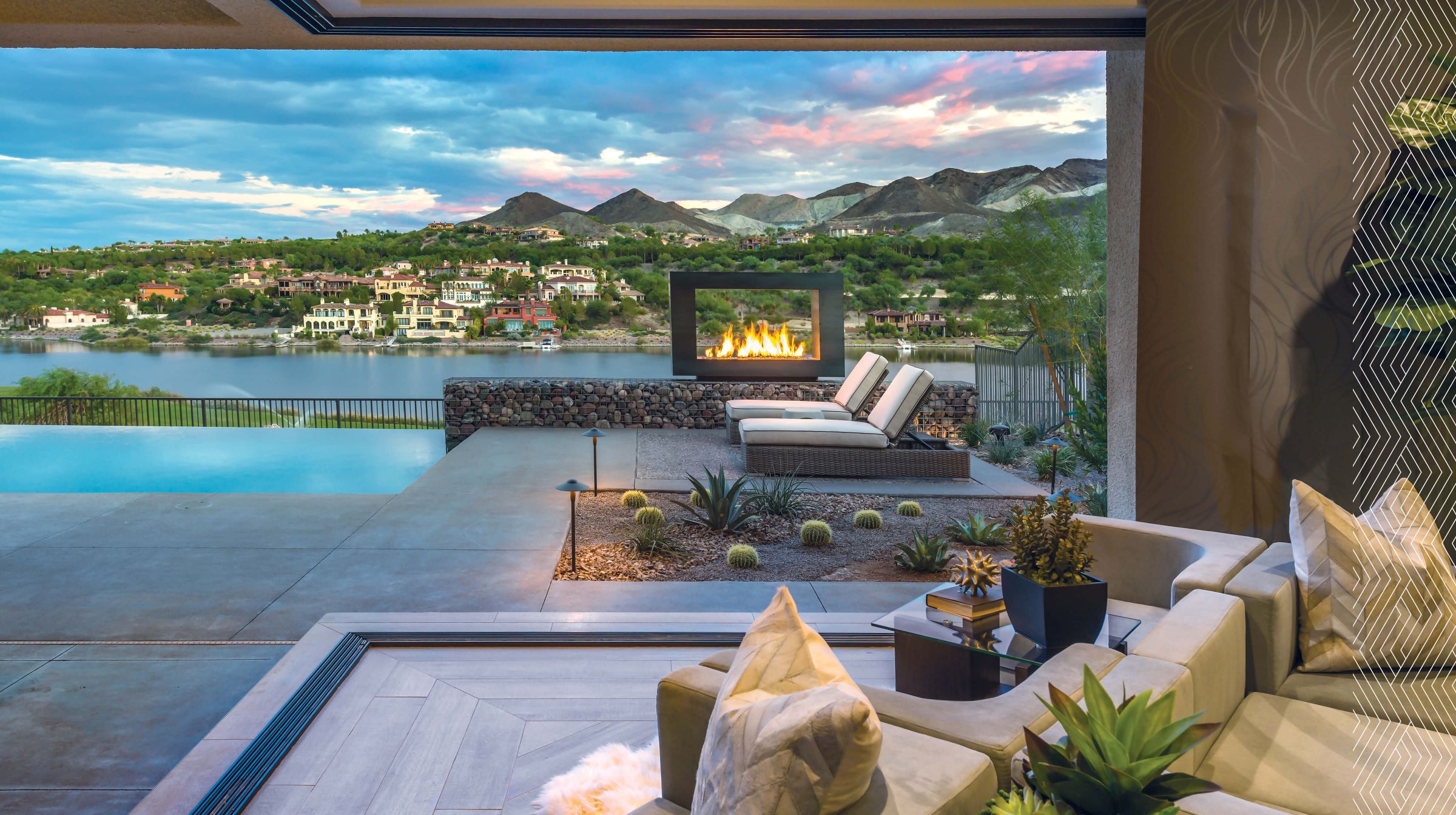 Waterfront living at Lake Las Vegas, with lake views from an open-air terrace